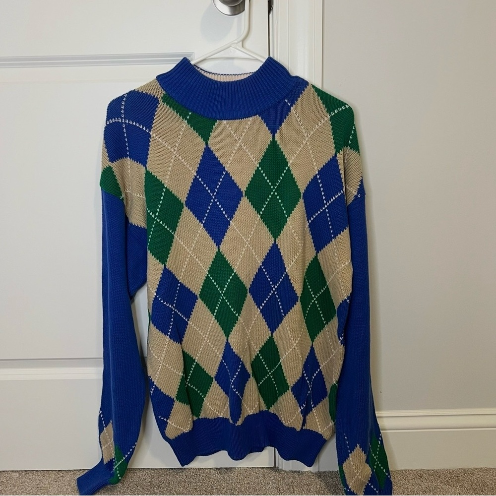 Sears Roebuck Men's Argyle Chunky Knit‎ Mock Neck Cotton Sweater Size Medium Dad
